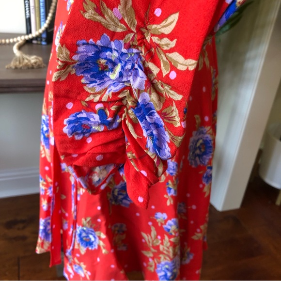 Zara Floral Red Deep V-neck Long Sleeve Wrap Dress Large - Picture 9 of 11